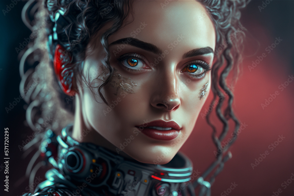 Portrait cyberpunk woman front view with long hair on isolated blurred background. Character girl wearing virtual reality goggles. Portrait cyberpunk woman front view with long hair on isolated blurred background. Character girl wearing virtual reality goggles.