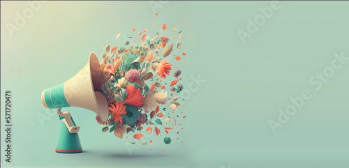 Fototapeta Naklejka Na Ścianę i Meble -  Megaphone with colorful pastel summer flowers, advertising and marketing concept, social media, announce positive and creative idea, generative AI