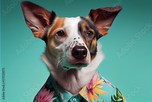 Portrait von Hund mit lustigen Hawai-Hemd. Urlaub mit Hund am Hundestrand. Hund macht Urlaub in einer Hundepension - Generative Ai © Sarah