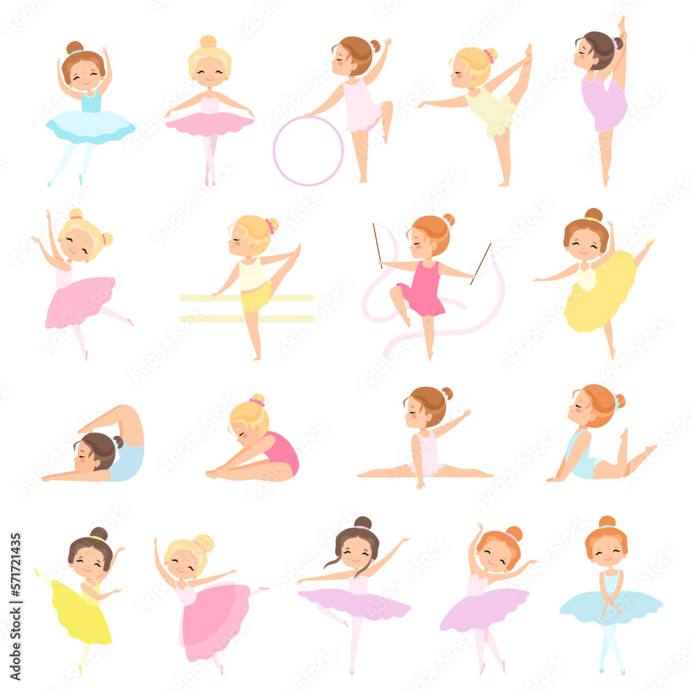 Lovely Little Ballerina in Tutu Skirt and Leotard Dancing and Training Big Vector Set Lovely Little Ballerina in Tutu Skirt and Leotard Dancing and Training Big Vector Set