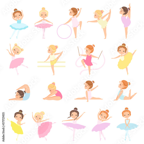 Lovely Little Ballerina in Tutu Skirt and Leotard Dancing and Training Big Vector Set