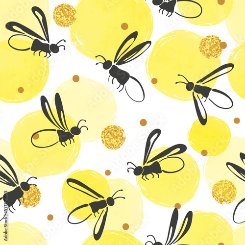 Seamless firefly pattern. Fairy vector illustration with glowworms and yellow circles.
