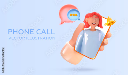 Phone call. Video or online call on mobile. Joyful interlocutor girl. Connected subscriber. In 3d style. Vector illustration.