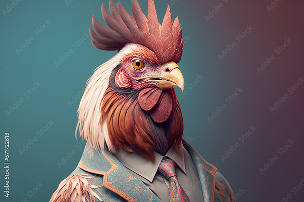 Portrait of a rooster dressed in a formal business suit, person, generative ai