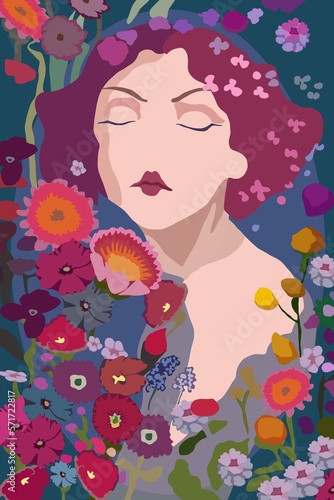 Frau im Art Deco Stil mit bunten Blumen, Illustration vor taubengrau, blau, hochformat frühling