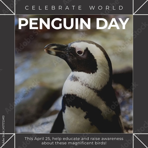 Composition of world penguin day text over penguin
