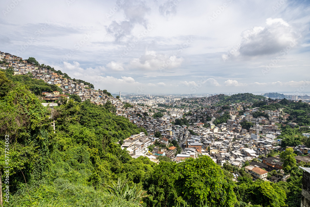 Favela of Rio de Janeiro, Brazil. Colorful houses in a hill. Zona Sul of Rio.