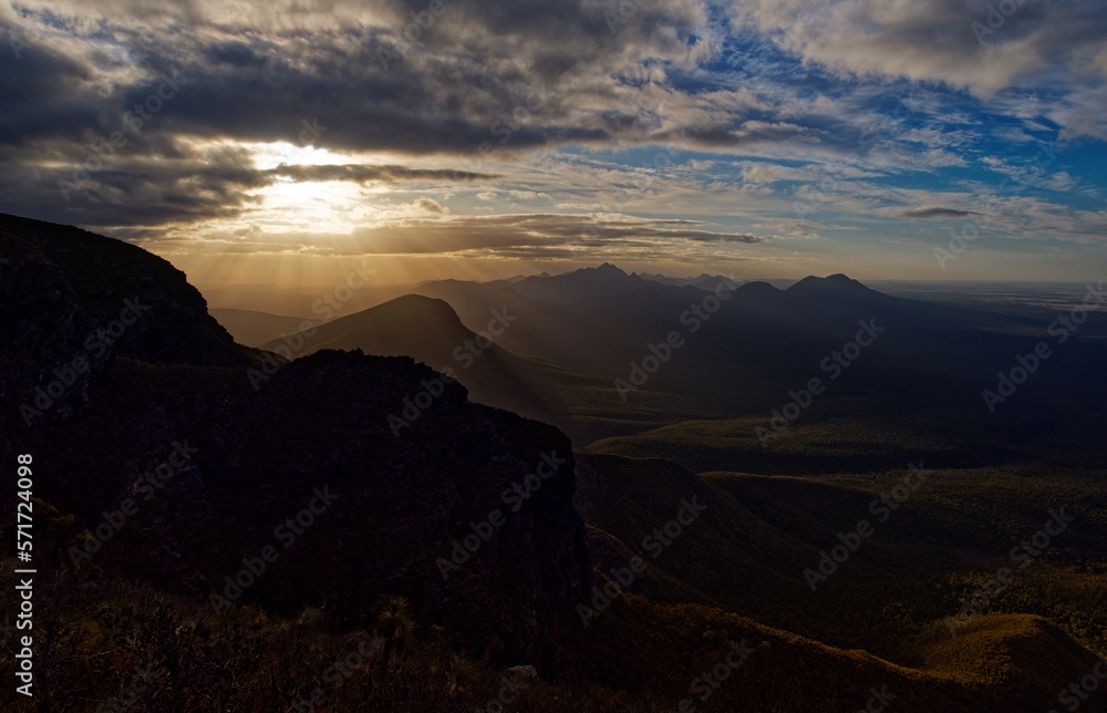 Stirling Range or Koikyennuruff landscape scenery, beautiful mountain National Park in Western Australia, with the highest peak Bluff Knoll. Road to and view from the rocky mountains