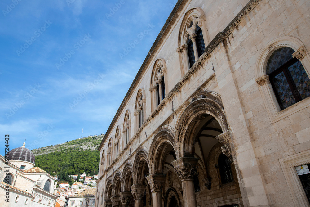 Palace porch and vaulted arcade with Renaissance styled column capitals in the old town of Dubrovnik, Croatia