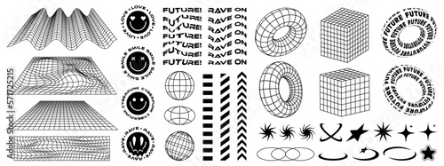 Rave psychedelic retro futuristic set in Y2K-2000s style. Surreal geometric shapes, abstract backgrounds and patterns, wireframe, elements and perspective grids. Vector elements and sticker.