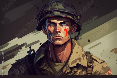 Fotografiet military soldier portrait, cartoon style. AI