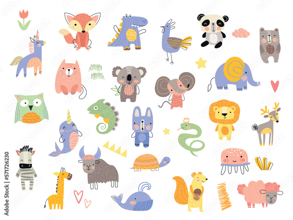 Doodle animals set. Collection of tropical and exotic characters ...