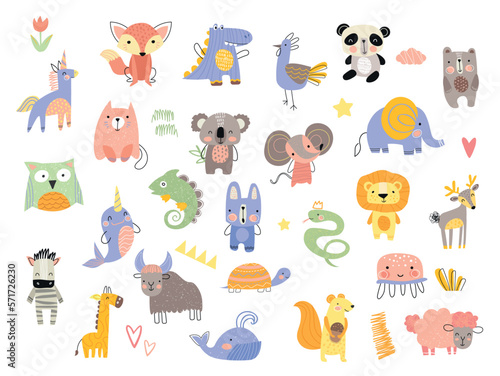 Doodle animals set. Collection of tropical and exotic characters. Unicorn  bird  zebra  lion and bear. Snake  giraffe and turtle. Cartoon flat vector illustrations isolated on white background