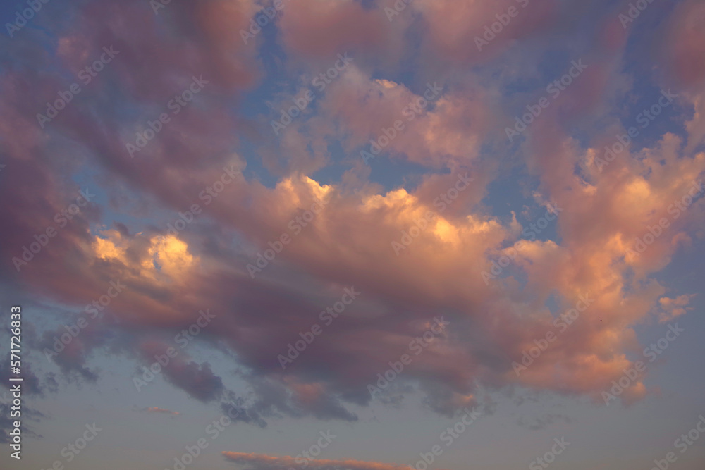 Cumulus clouds with a pink tint during sunset.