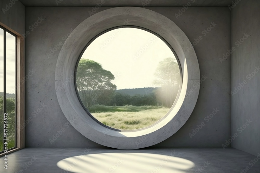 A 3D Render of a Concrete Room with a Circle Window. Generative AI