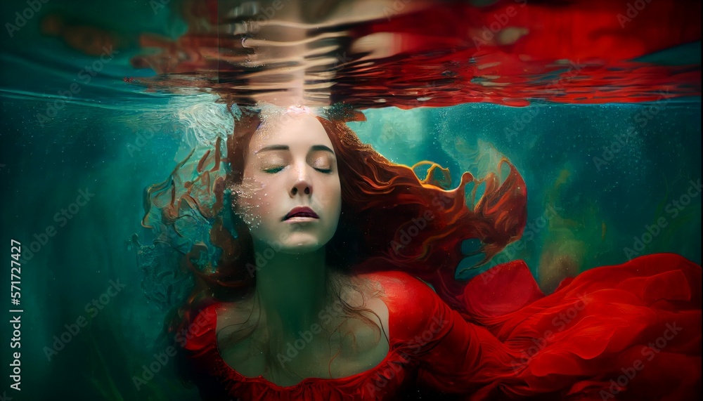 Mystical underwater portrait of a beautiful young woman , girl, with a red dress, eyes closed,
generative ai
