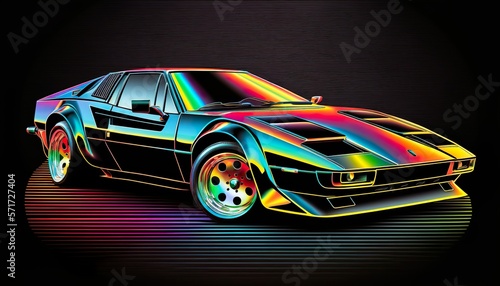 European luxury 1980s vintage classic expensive sports racing car vehicle neon synthwave vaporware retrowave black background created with generative AI technology