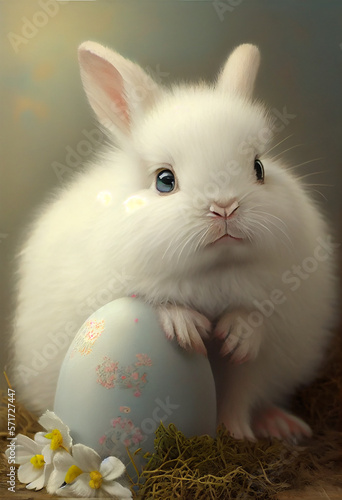 Adorable Fluffy White Bunny with Easter Eggs. Generative ai