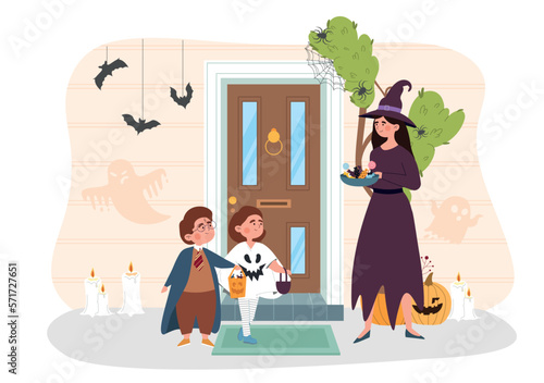 Children coming for sweets Halloween. Woman dressed as witch offers sweets to boy and girl dressed as wizards. Traditions and culture, entertainment, trick or treat. Cartoon flat vector illustration