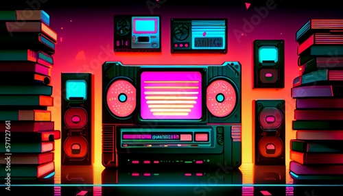 Fantasy advertising for game screen. Technology concept of vhs design. Music neon background illustration generative ai