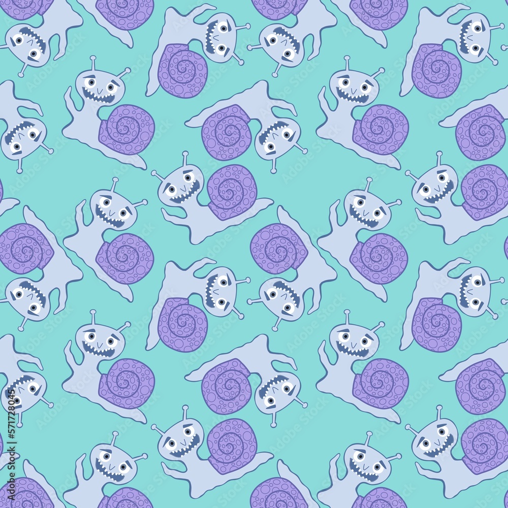 Fototapeta premium Cartoon animals seamless cute snails pattern for kids clothes print and wrapping paper and fabrics and linens