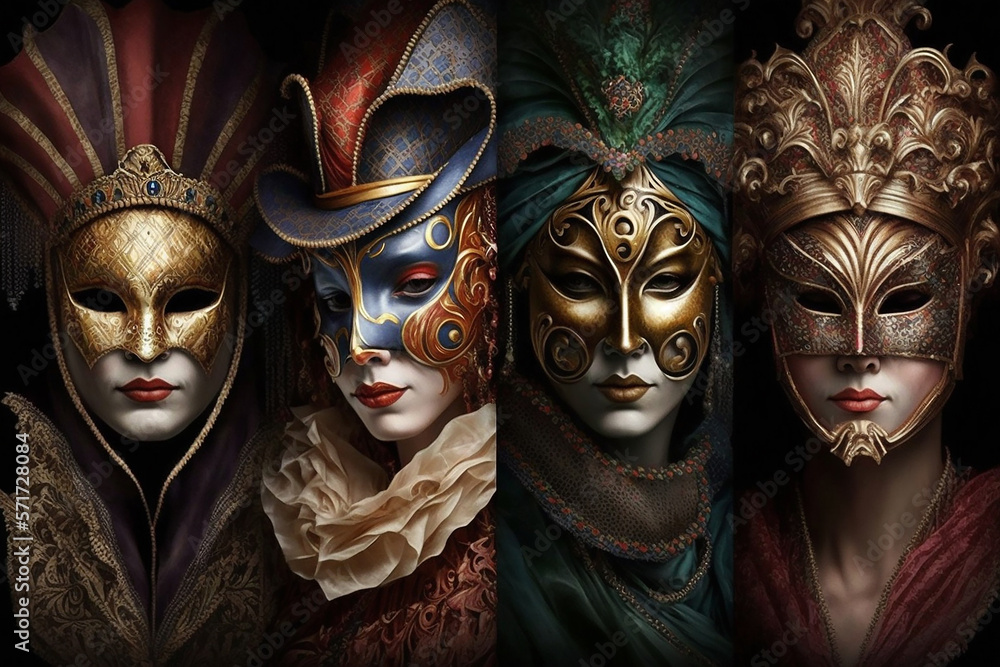 Four venetian carnival masks on a black background. Generative AI
