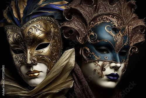 Two decorated carnival masks on a black background. Generative AI © Alessia