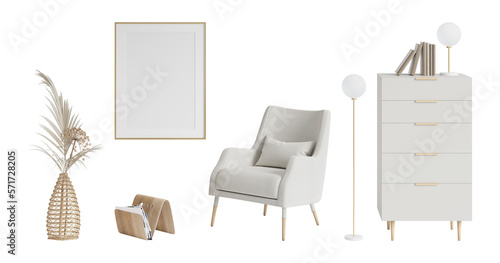 A set of isolated hall furniture 2. Dry flowers in a wicker vase, a blank vertical poster, a wooden magazine rack, a chair with a pillow, a floor lamp, a tall dresser with books, and a lamp. 3d render