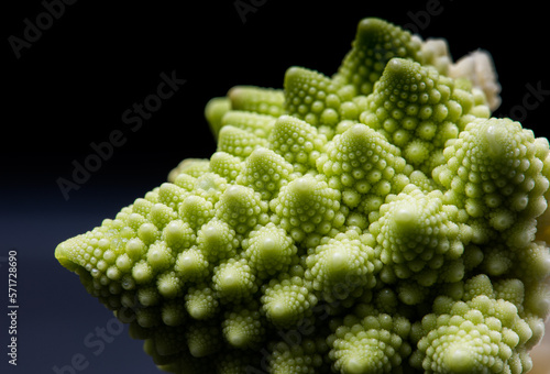 Closeup of fractal vegstable Romanesco broccoli also known as Roman cauliflower, Broccolo Romanesco, Romanesque cauliflower, Romanesco or broccoflower