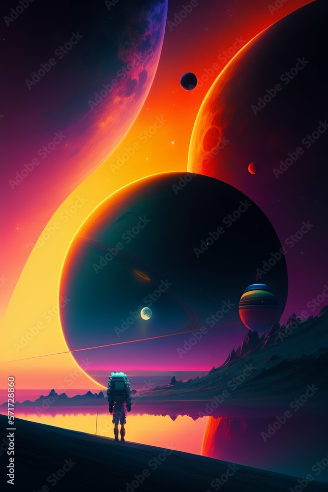 Fototapeta premium A man in outer space gazing at the planets