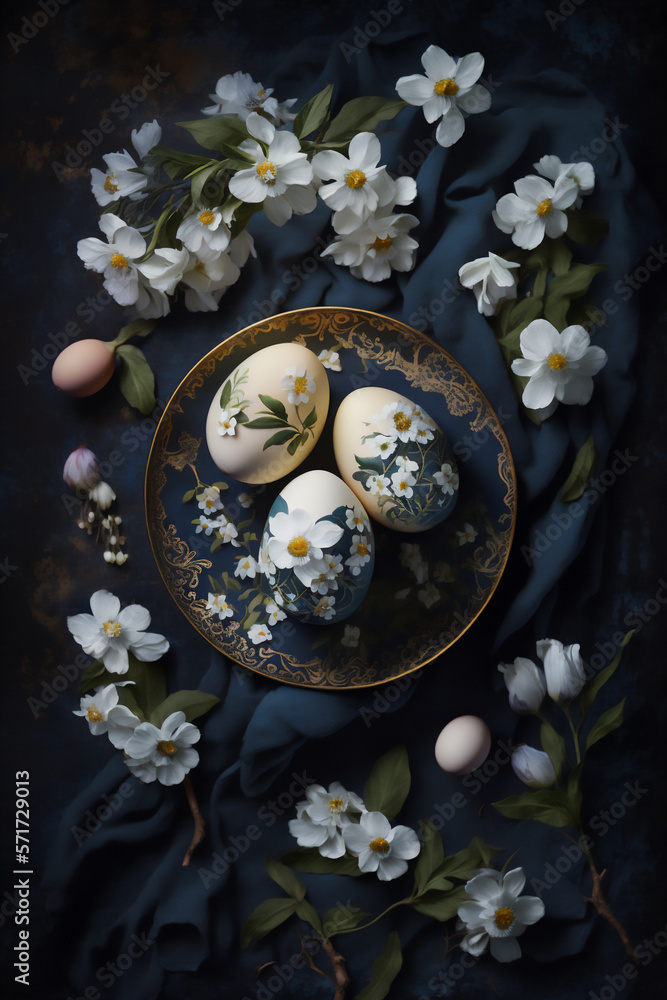 Decorated Easter Eggs And Bloomed Spring Flowers on dark blue background. AI generated midjourney.