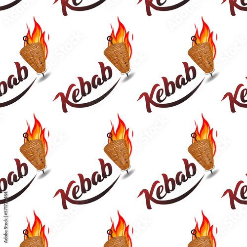 Shawarma Kebab logo pattern fast food. Seamless pattern. Concept of doner kebab logo, street food, barbecue, cuisine. Vintage design template, banner. Fresh vegetables. Vector hand drawn sketch illust