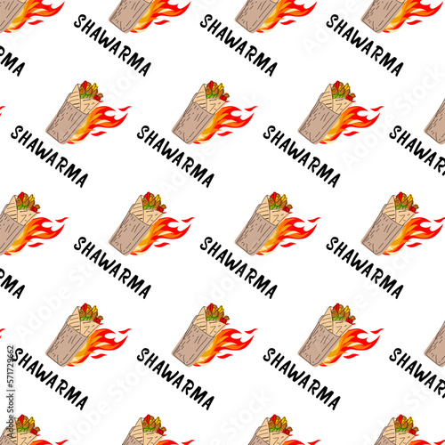 Shawarma Kebab logo pattern fast food. Seamless pattern. Concept of doner kebab logo, street food, barbecue, cuisine. Vintage design template, banner. Fresh vegetables. Vector hand drawn sketch illust