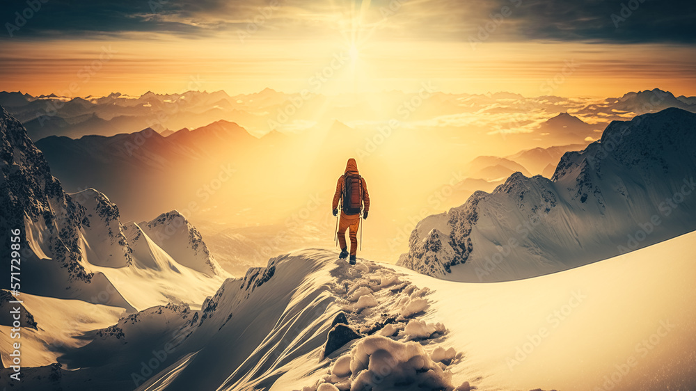 Mountaineer reaches the top of a snowy mountain shot Mountaineer reaches the top of a snowy mountain shot