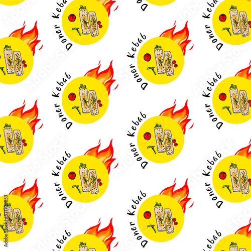 Shawarma Kebab logo pattern fast food. Seamless pattern. Concept of doner kebab logo, street food, barbecue, cuisine. Vintage design template, banner. Fresh vegetables. Vector hand drawn sketch illust