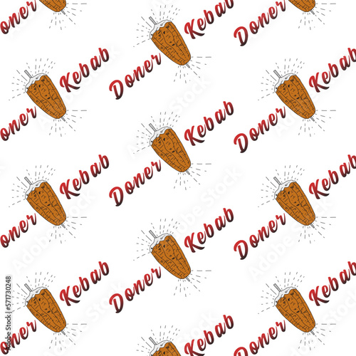Shawarma Kebab logo pattern fast food. Seamless pattern. Concept of doner kebab logo, street food, barbecue, cuisine. Vintage design template, banner. Fresh vegetables. Vector hand drawn sketch illust