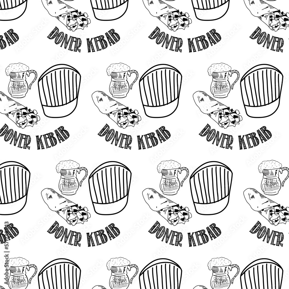 Shawarma Kebab logo pattern fast food. Seamless pattern. Concept of doner kebab logo, street food, barbecue, cuisine. Vintage design template, banner. Fresh vegetables. Vector hand drawn sketch illust