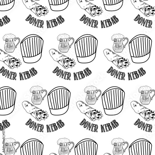 Shawarma Kebab logo pattern fast food. Seamless pattern. Concept of doner kebab logo, street food, barbecue, cuisine. Vintage design template, banner. Fresh vegetables. Vector hand drawn sketch illust
