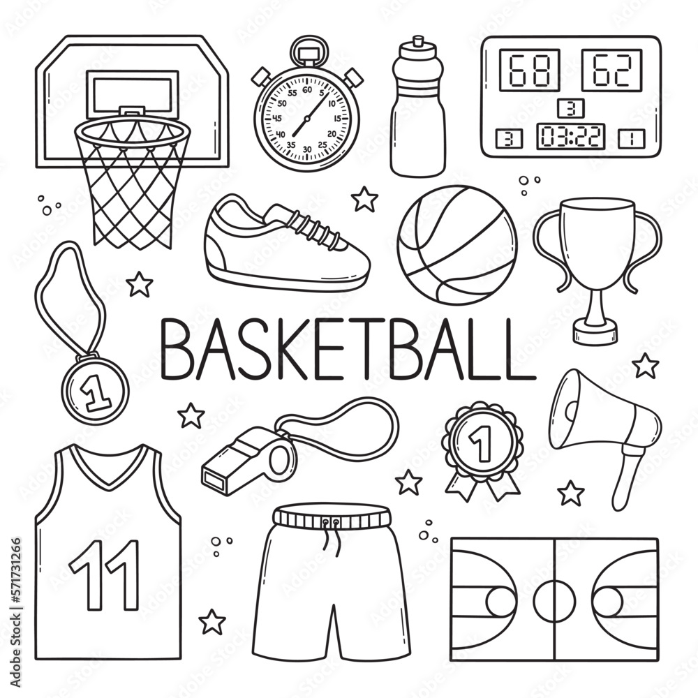 Basketball doodle set. Basketball basket, sport wear, ball, winner cup,  medal in sketch style. Hand drawn vector illustration isolated on white  background Stock Vector | Adobe Stock