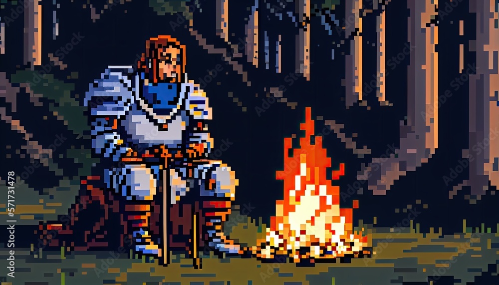 Pixel Art Knight Sitting Down by A Fire in the woods/forest, Concept Art For Games, , Generative