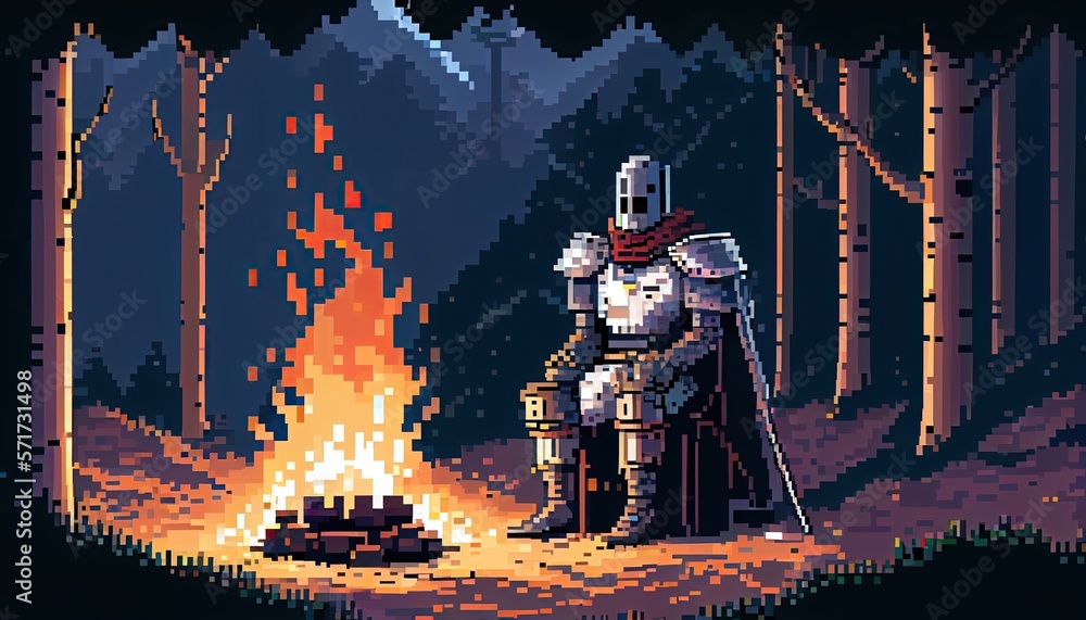 Pixel Art Knight Sitting Down by A Fire in the woods/forest, Concept Art For Games, , Generative