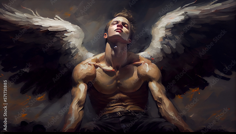 Fallen angel with black wings expelled from heaven, painting ...