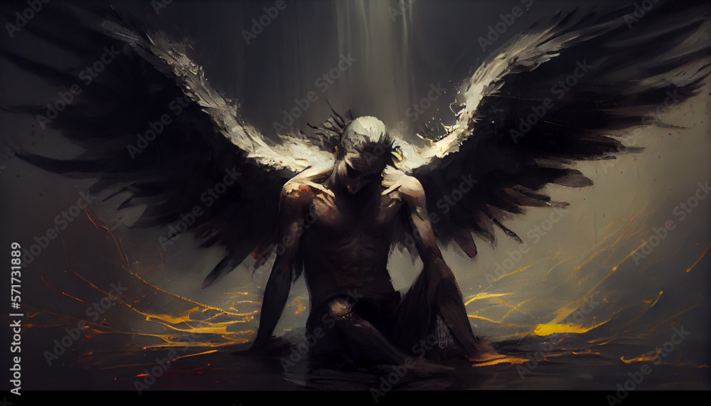 Fallen angel with dark wings, painting, Generative AI Stock ...