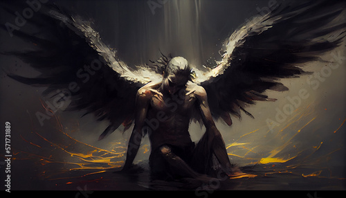Fallen angel with dark wings, painting, Generative AI