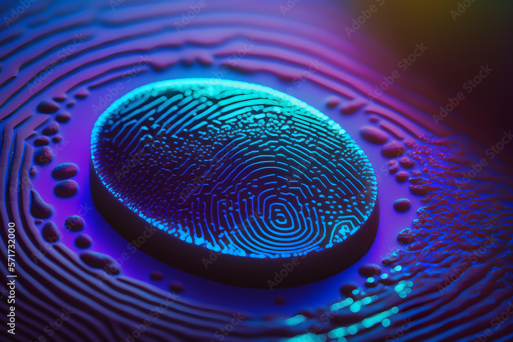 Fingerprint on scanner glowing in ultraviolet created with generative AI technology Fingerprint on scanner glowing in ultraviolet created with generative AI technology