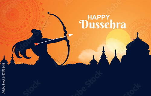 Dussehra banner concept. Silhouette of woman shooting from bow at sunset or dawn. Indian culture and legend. Traditional holiday and festival. Ram and Rawan. Cartoon flat vector illustration