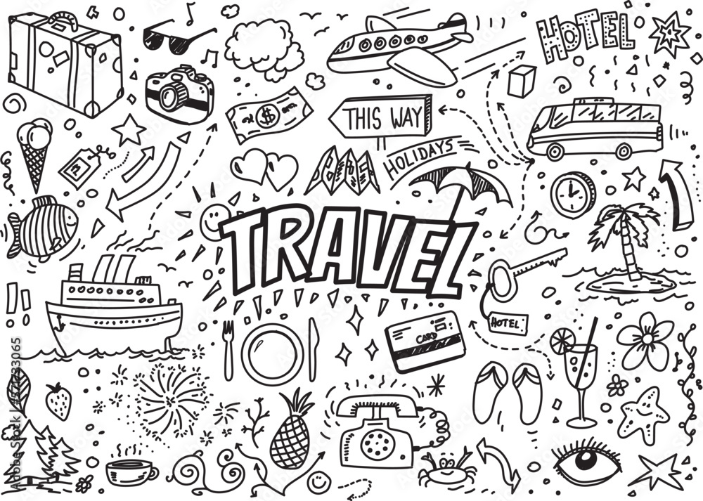 Travel doodles, hand drawn vector illustration