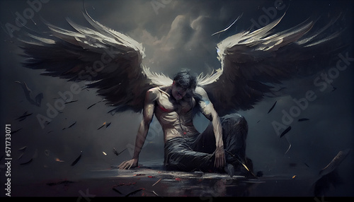 Fallen angel with dark wings, painting, Generative AI photo