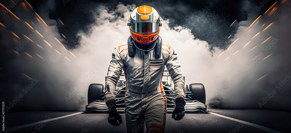 formula one racing driver before start of competition on track. Banner with copy space, digital ai art - obrazy, fototapety, plakaty 