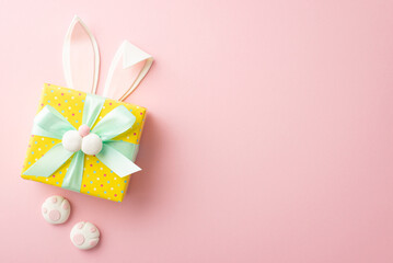 Easter concept. Top view photo of easter bunny giftbox with ears paws and muzzle on isolated pastel pink background with copyspace